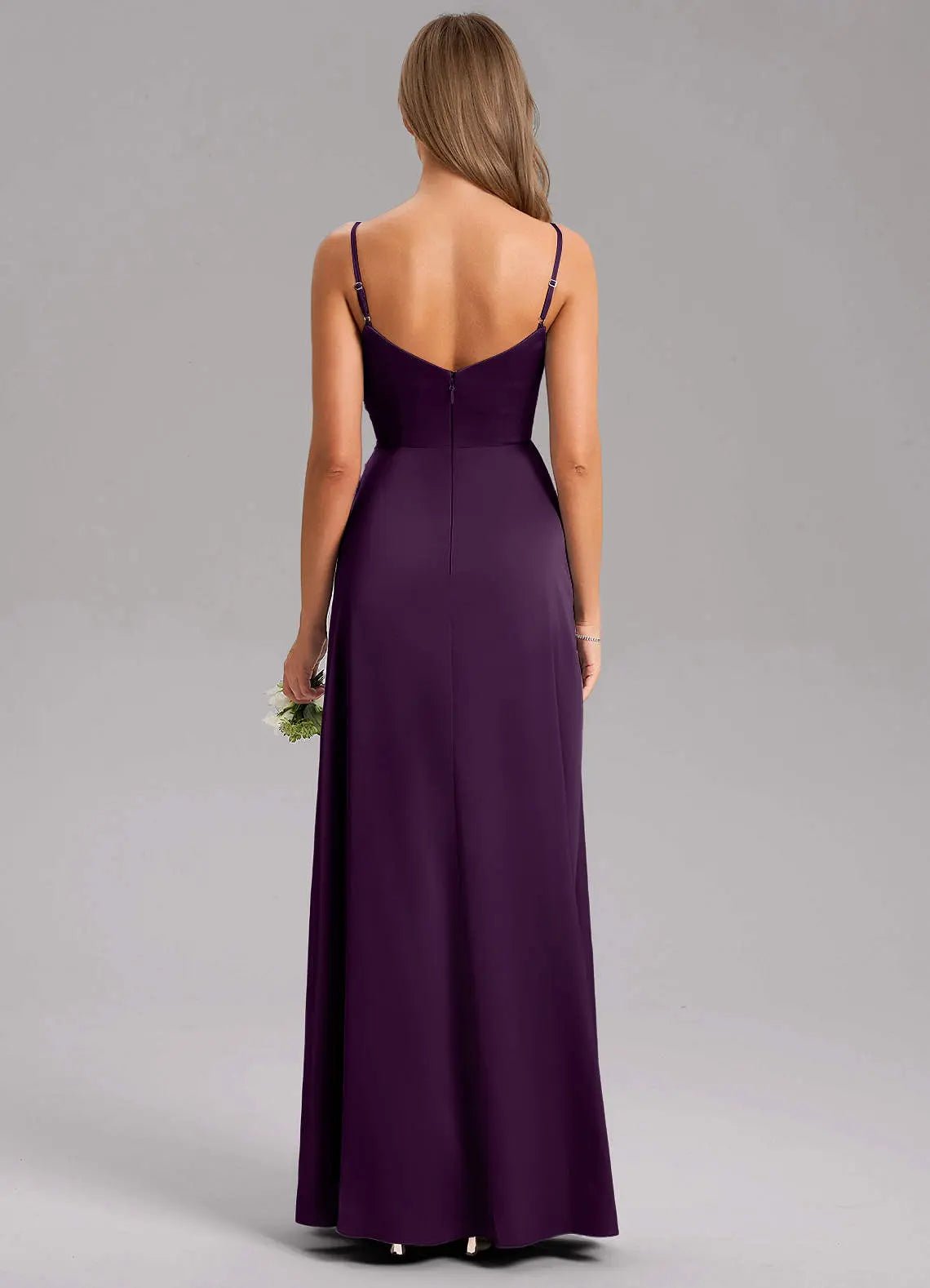 Azuree A-Line V-Neck Stretch Satin Bridesmaid Dress in Plum