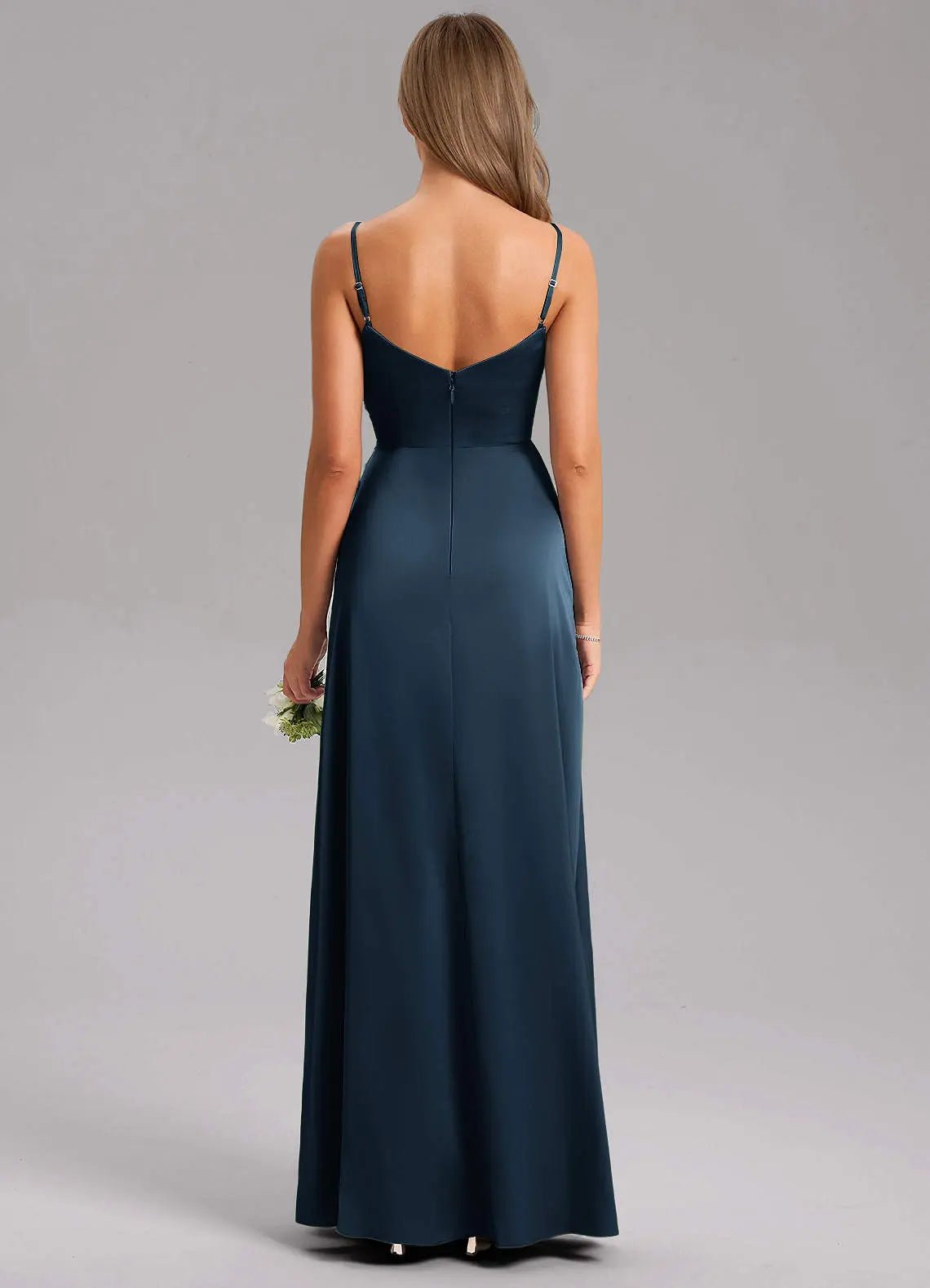 Azuree A-Line V-Neck Stretch Satin Bridesmaid Dress in Dark Navy