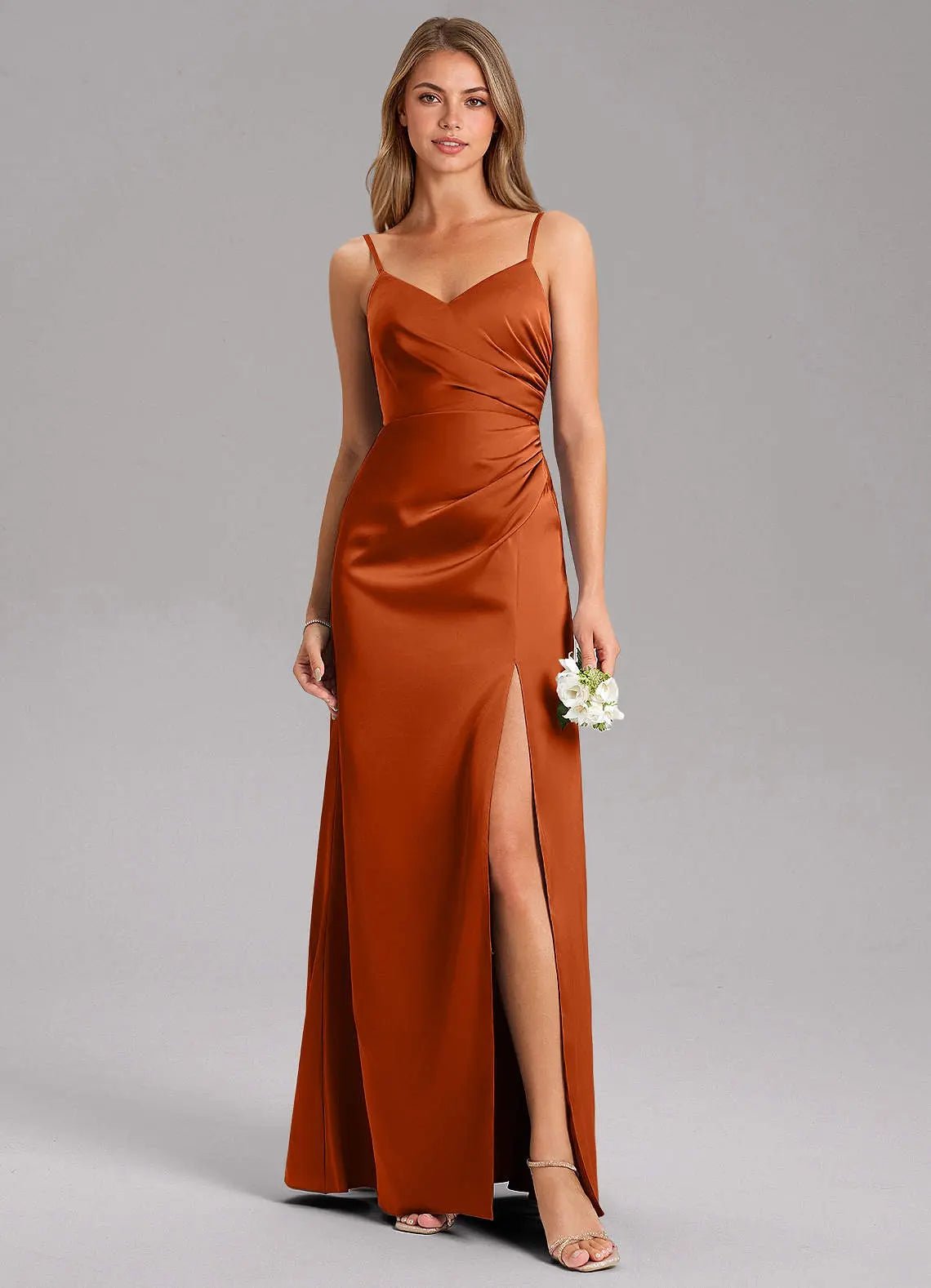 Azuree A-Line V-Neck Stretch Satin Bridesmaid Dress in Burnt Orange