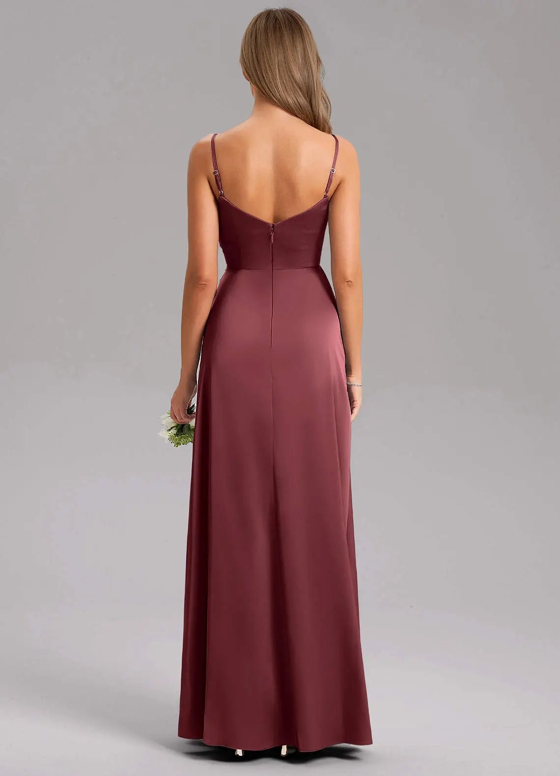 Azuree A-Line V-Neck Stretch Satin Bridesmaid Dress in Merlot