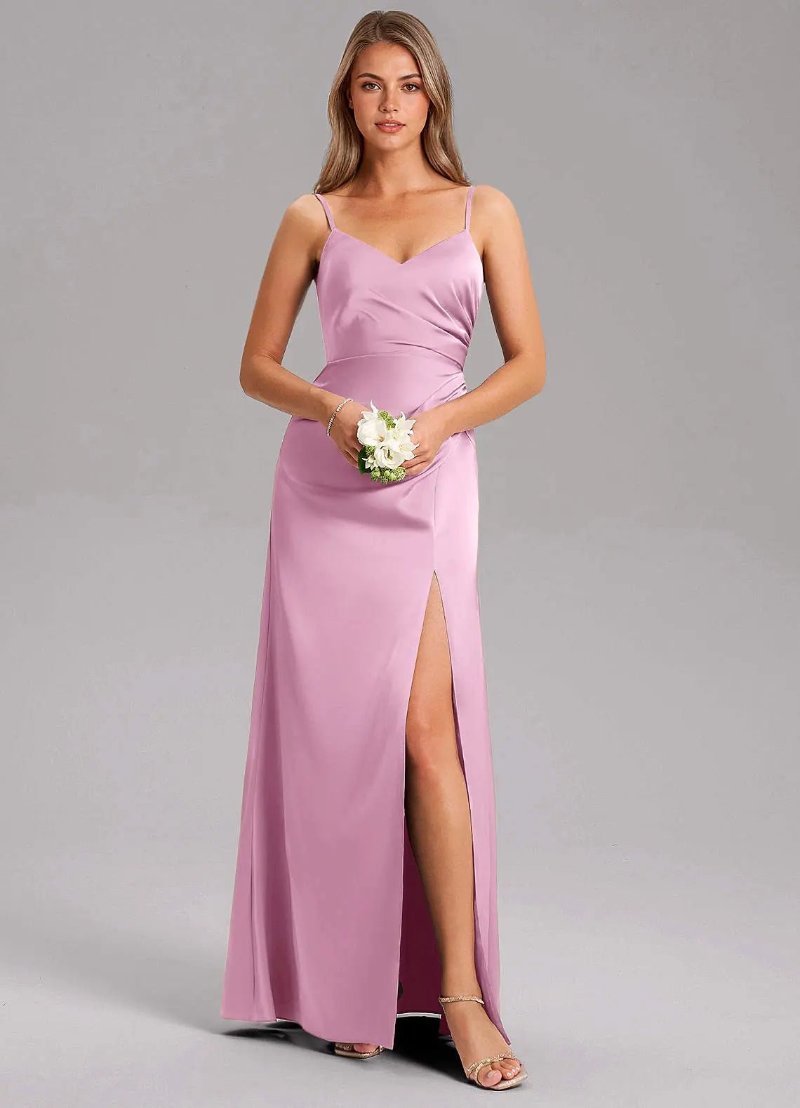 Azuree A-Line V-Neck Stretch Satin Bridesmaid Dress in candy pink