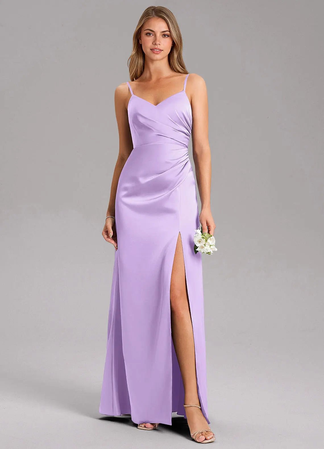 Azuree A-Line V-Neck Stretch Satin Bridesmaid Dress in Lilac