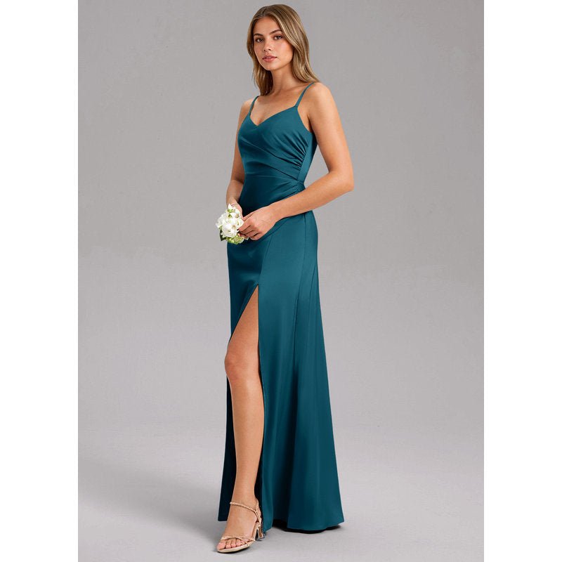 Waverly A-Line V-Neck Stretch Satin Bridesmaid Dress in Ink Blue - gallery 3