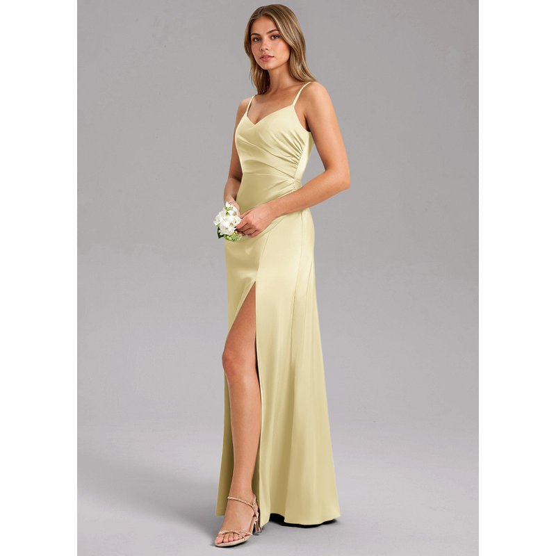 Waverly A-Line V-Neck Stretch Satin Bridesmaid Dress in Lemon Sorbet - gallery 3