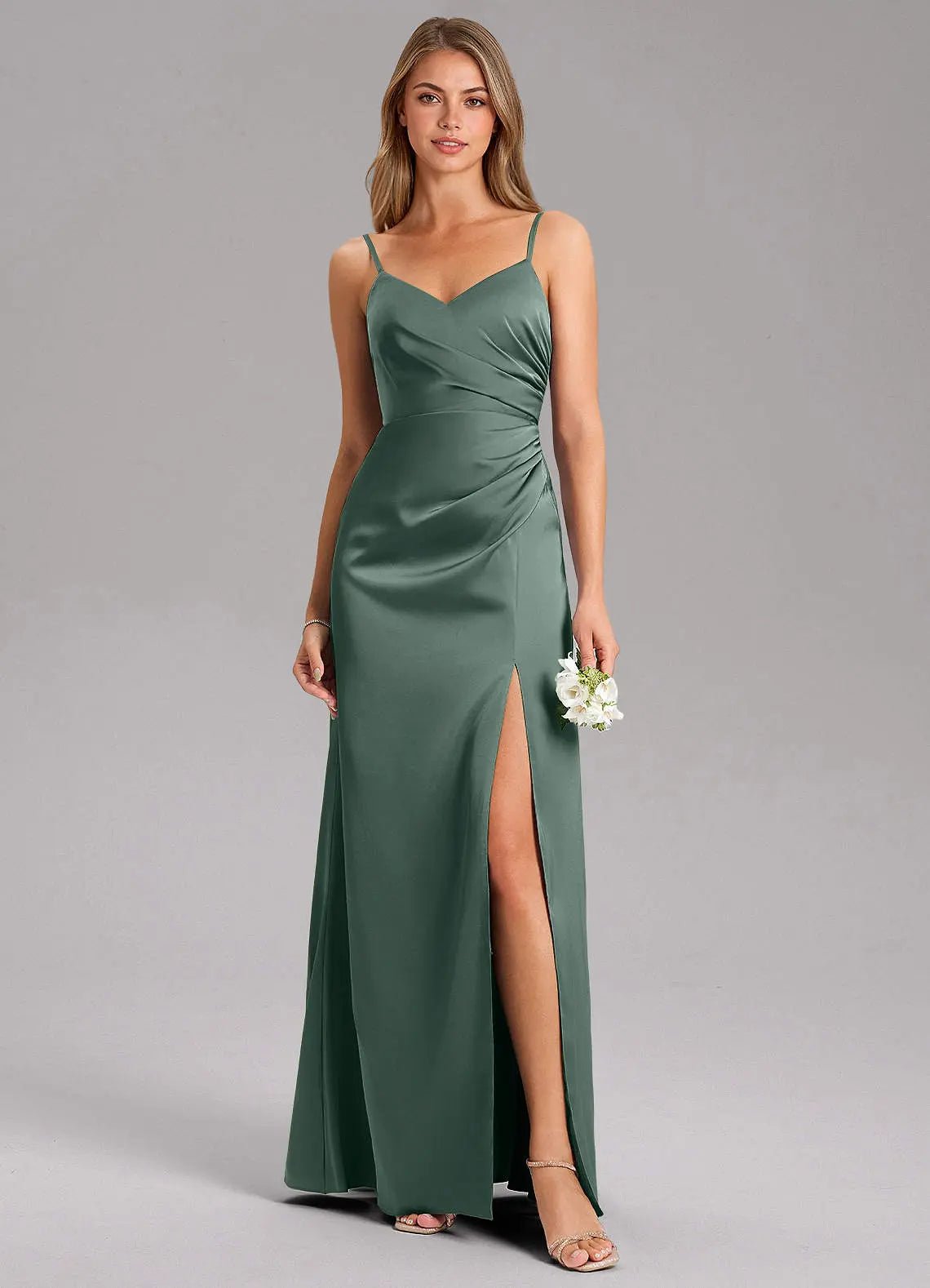 Azuree A-Line V-Neck Stretch Satin Bridesmaid Dress in Sea Moss