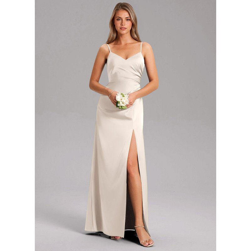 Waverly A-Line V-Neck Stretch Satin Bridesmaid Dress in White Alabaster - gallery 2