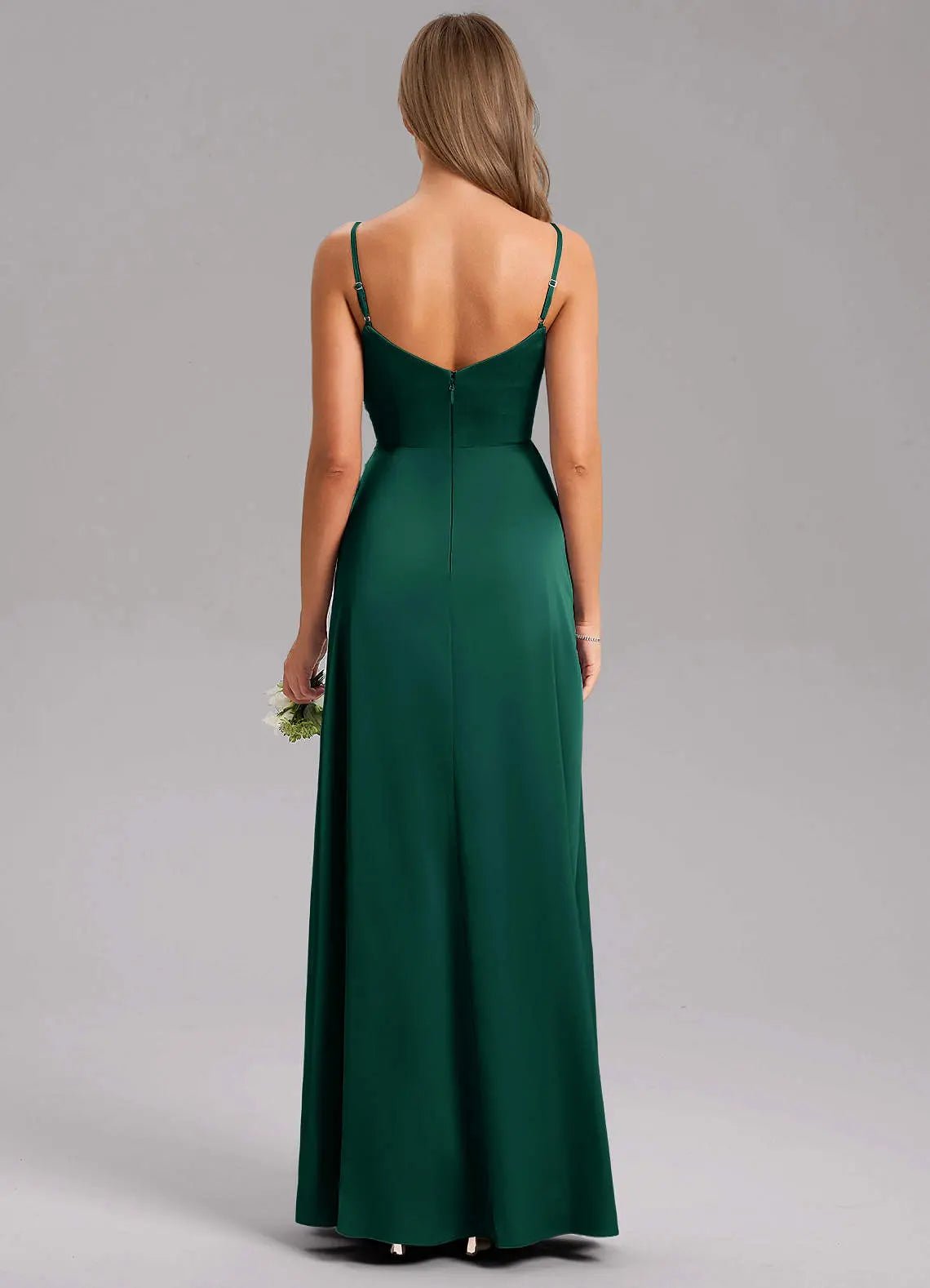 Azuree A-Line V-Neck Stretch Satin Bridesmaid Dress in Emerald