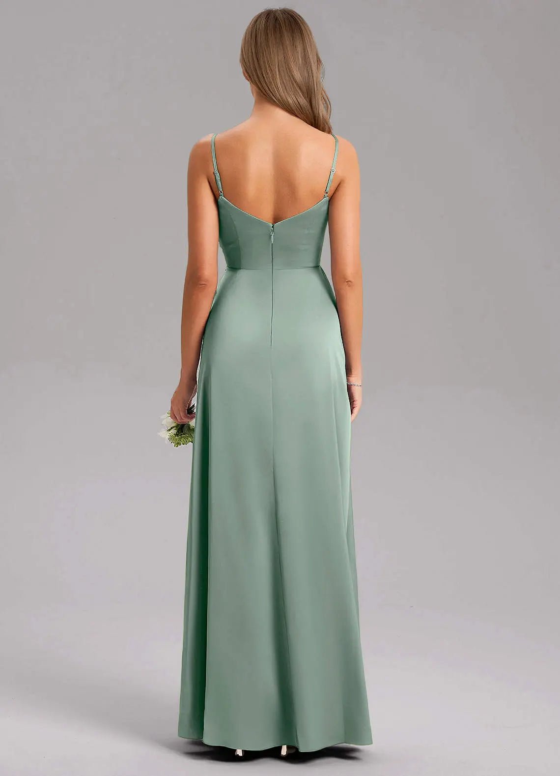 Azuree A-Line V-Neck Stretch Satin Bridesmaid Dress in Silver Sage