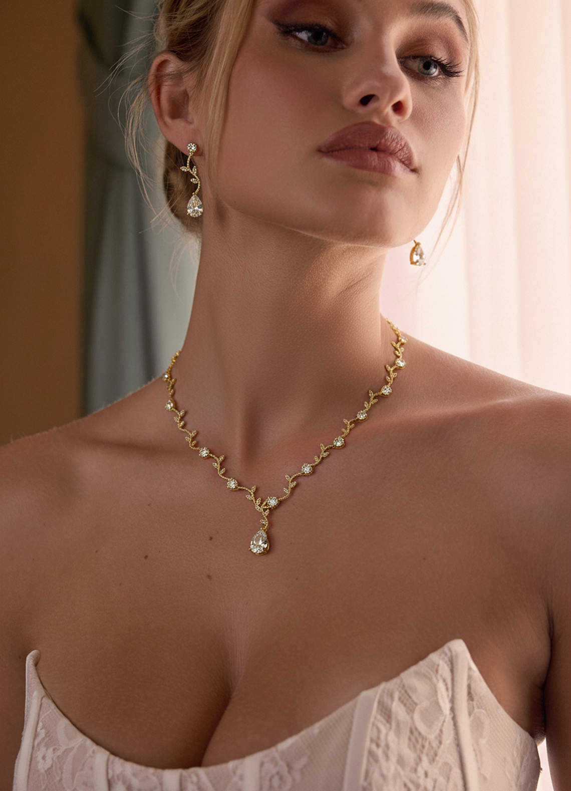 Wavy Crystal Vine Jewelry Set — Gold — 图 10/17