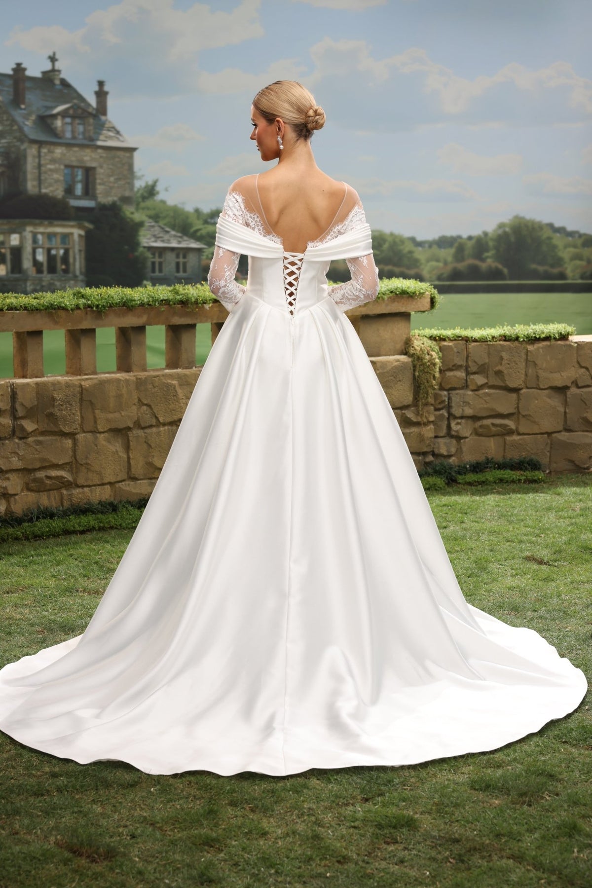 Wrenelle A-Line Off-the-Shoulder wedding dress — back view
