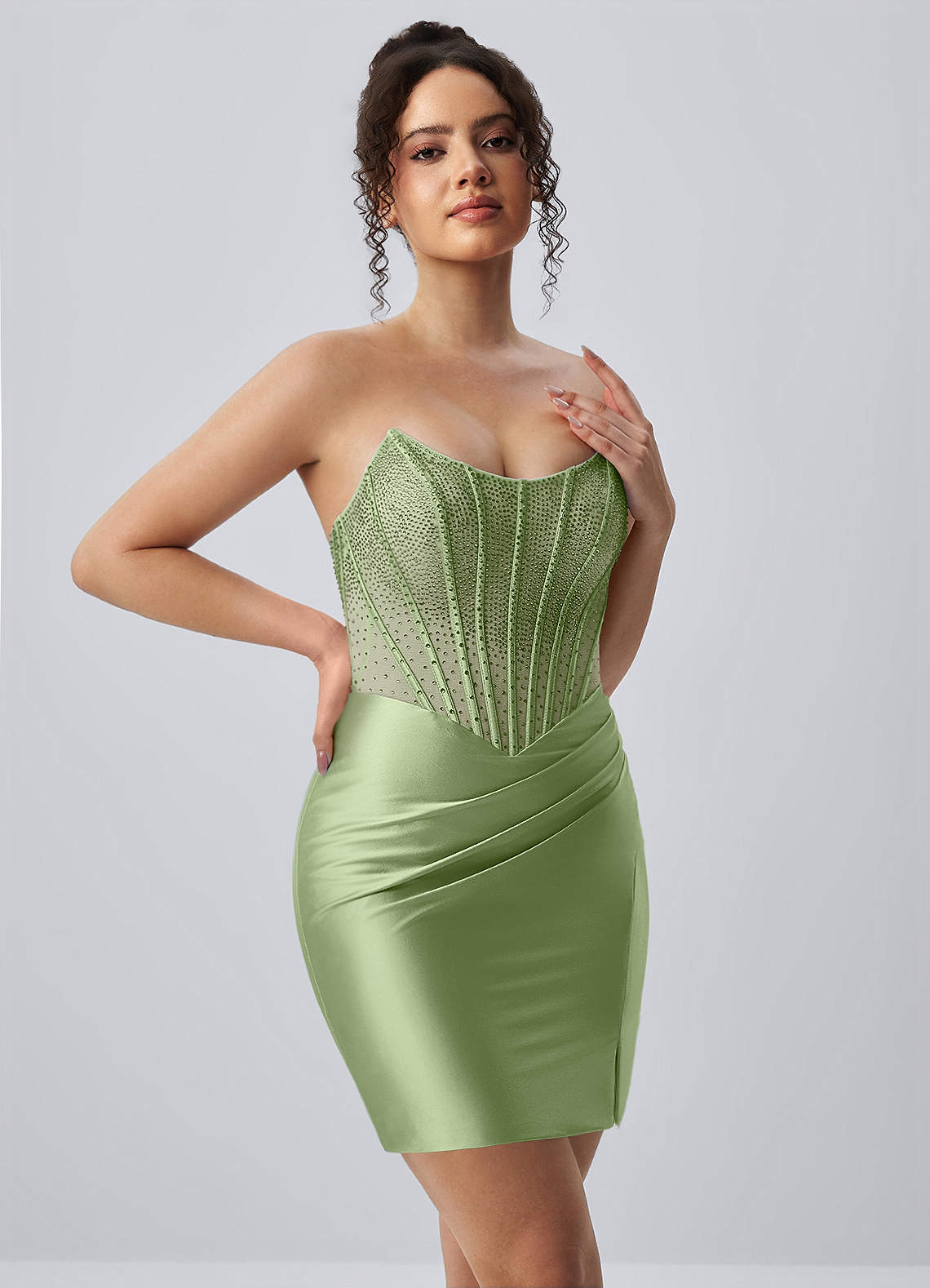 Lucienne Bodycon Mini Strapless Rhinestone Satin Prom Dress in Dusty Green