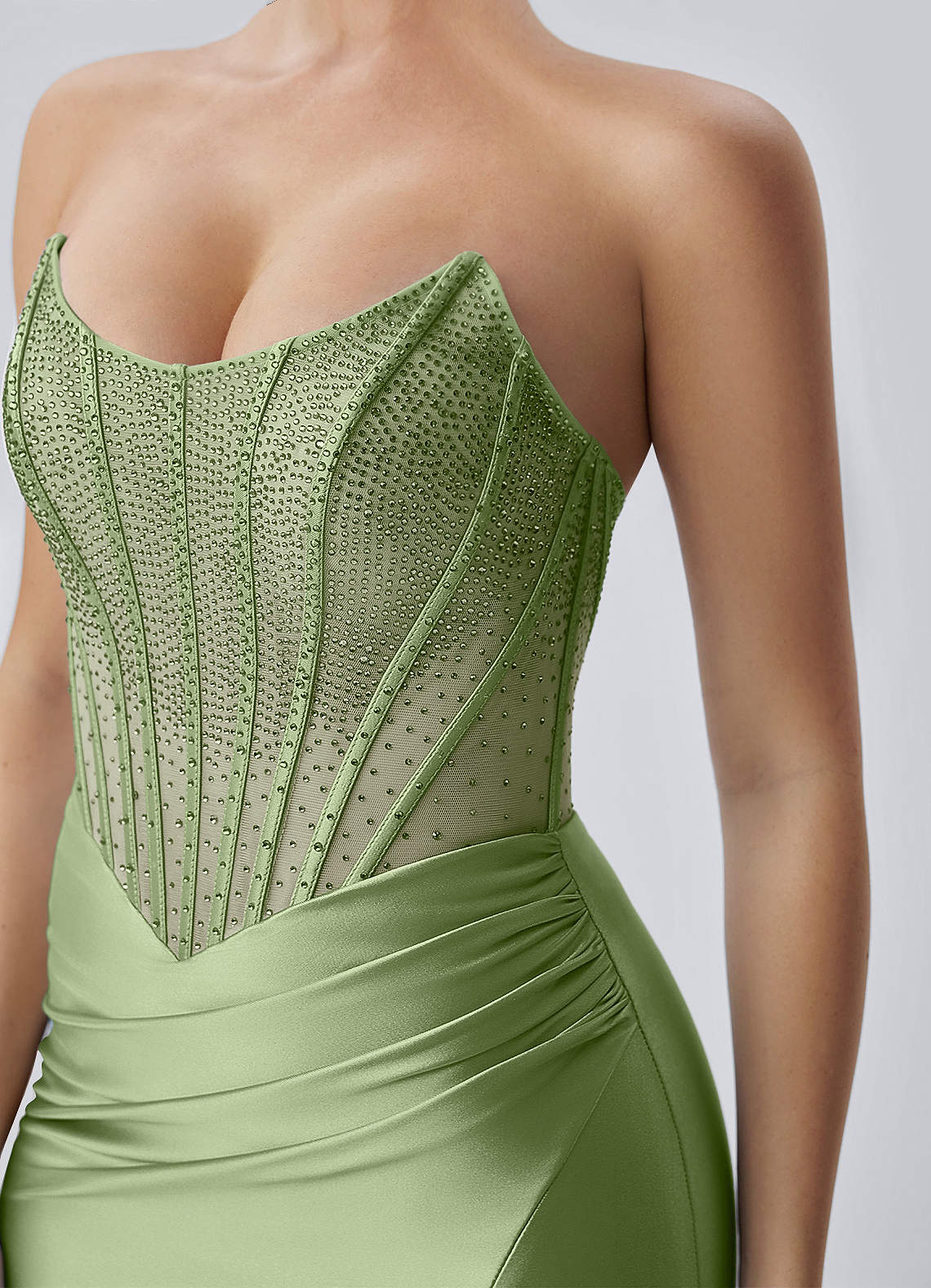 Lucienne Bodycon Mini Strapless Rhinestone Satin Prom Dress in Dusty Green
