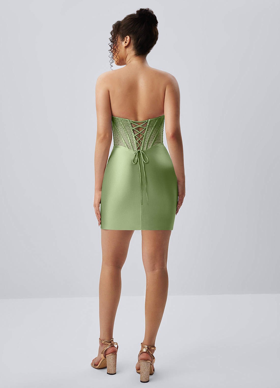 Lucienne Bodycon Mini Strapless Rhinestone Satin Prom Dress in Dusty Green