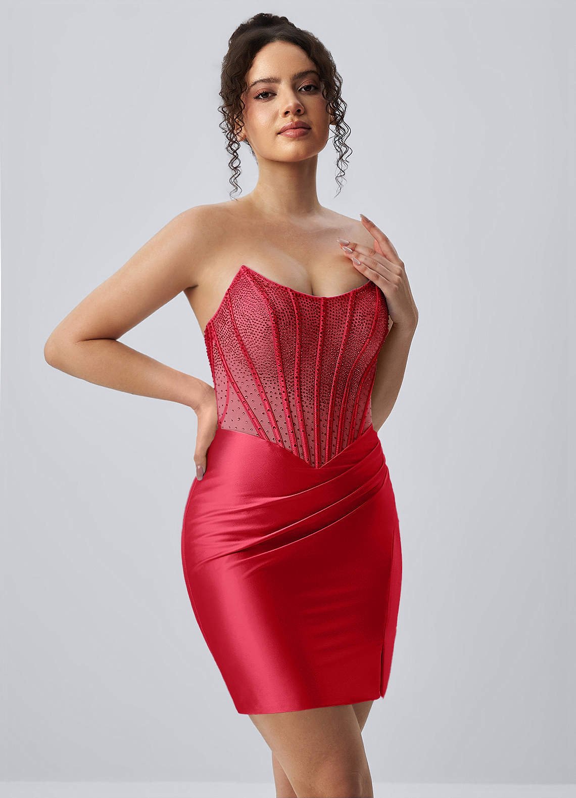 Lucienne Bodycon Mini Strapless Rhinestone Satin Prom Dress in Red