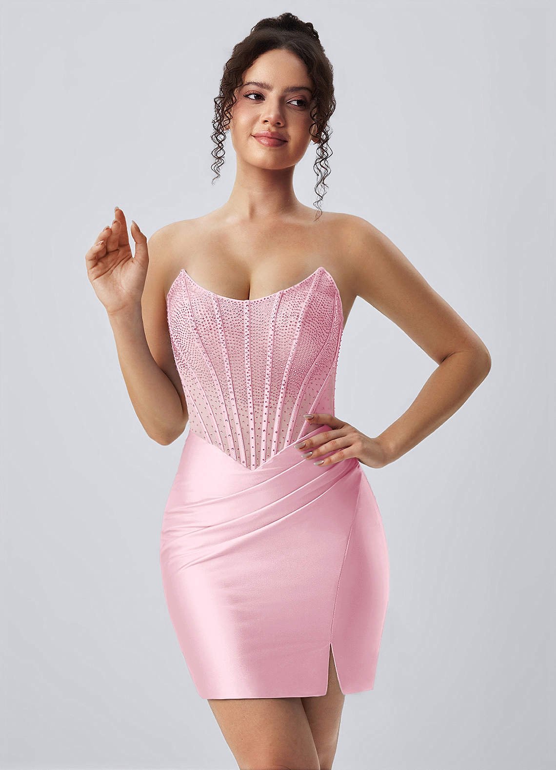 Lucienne Bodycon Mini Strapless Rhinestone Satin Prom Dress in dusty blue