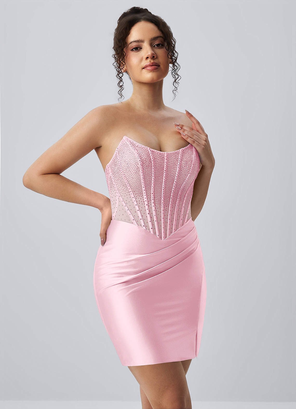 Lucienne Bodycon Mini Strapless Rhinestone Satin Prom Dress in pink