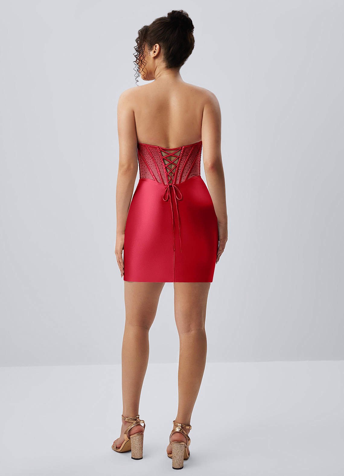 Lucienne Bodycon Mini Strapless Rhinestone Satin Prom Dress in Red
