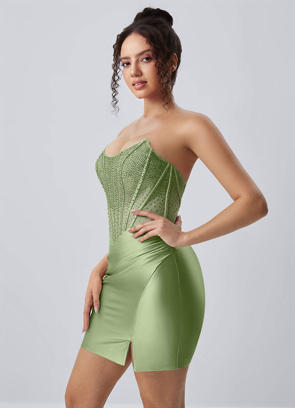 Lucienne Bodycon Mini Strapless Rhinestone Satin Prom Dress in Dusty Green