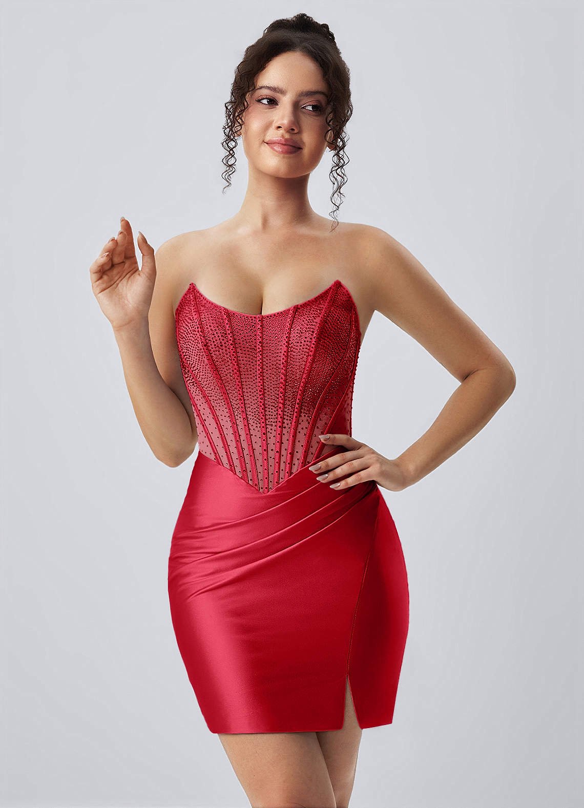 Lucienne Bodycon Mini Strapless Rhinestone Satin Prom Dress in dusty blue