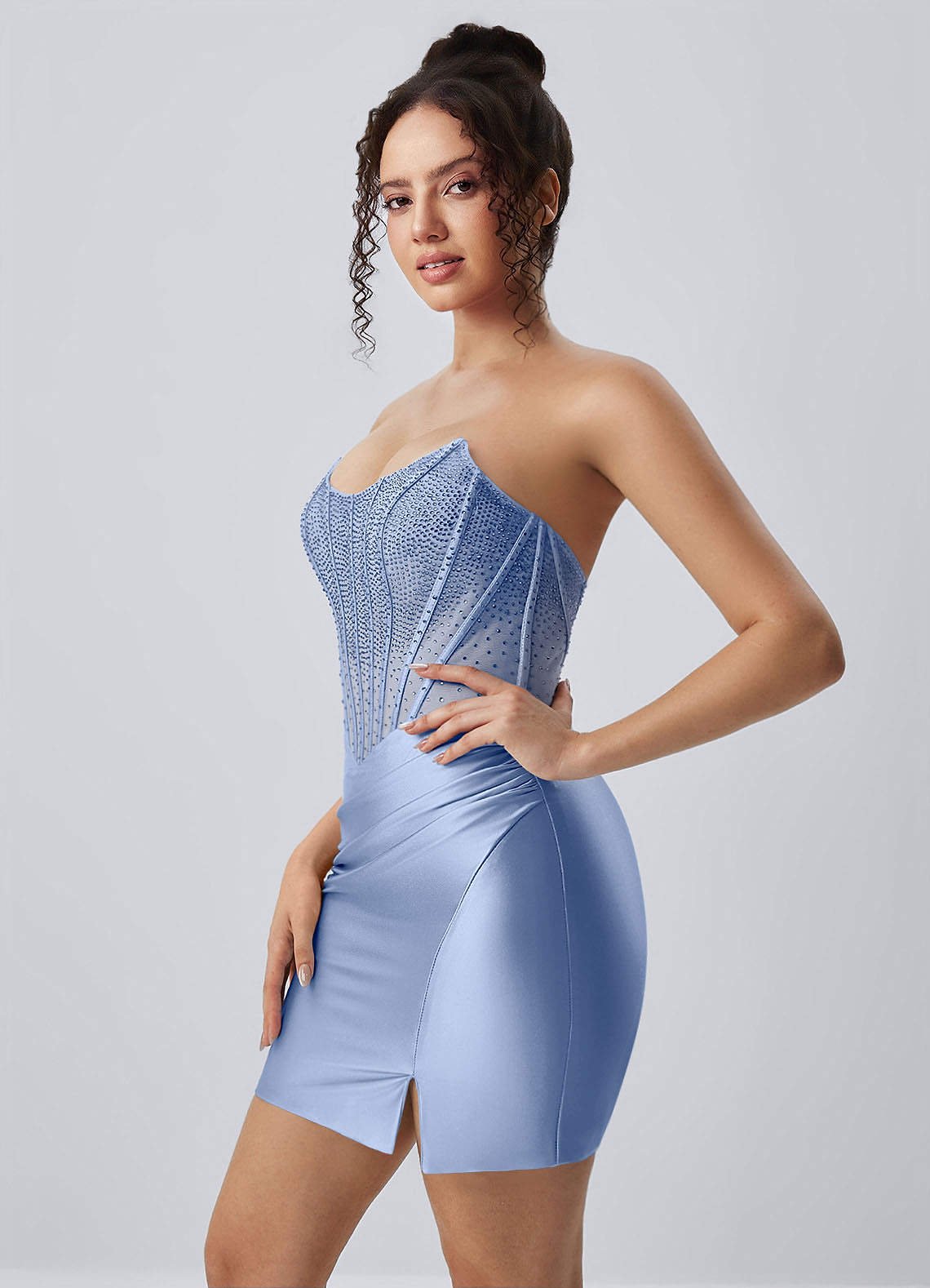 Lucienne Bodycon Mini Strapless Rhinestone Satin Prom Dress in Powder Blue