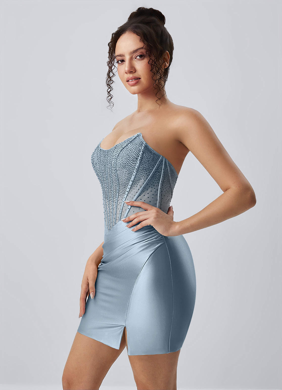 Lucienne Bodycon Mini Strapless Rhinestone Satin Prom Dress in dusty blue