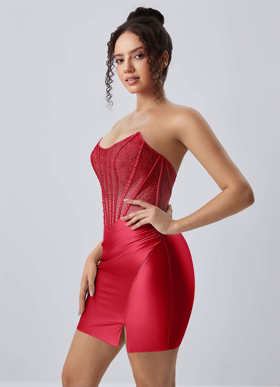 Lucienne Bodycon Mini Strapless Rhinestone Satin Prom Dress in Red