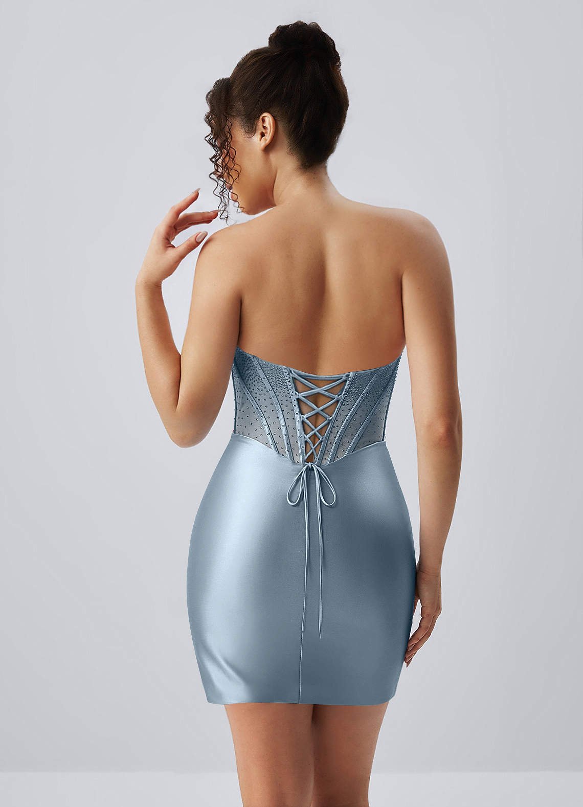 Lucienne Bodycon Mini Strapless Rhinestone Satin Prom Dress in dusty blue
