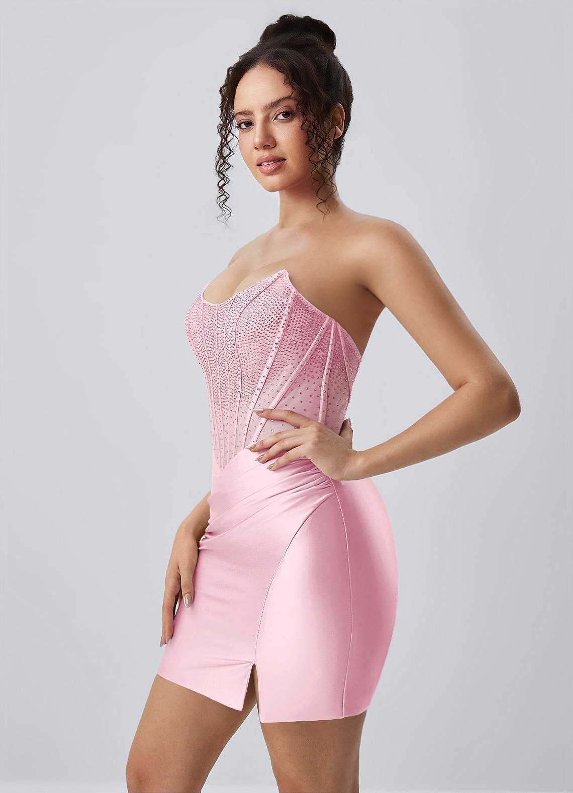 Lucienne Bodycon Mini Strapless Rhinestone Satin Prom Dress in pink