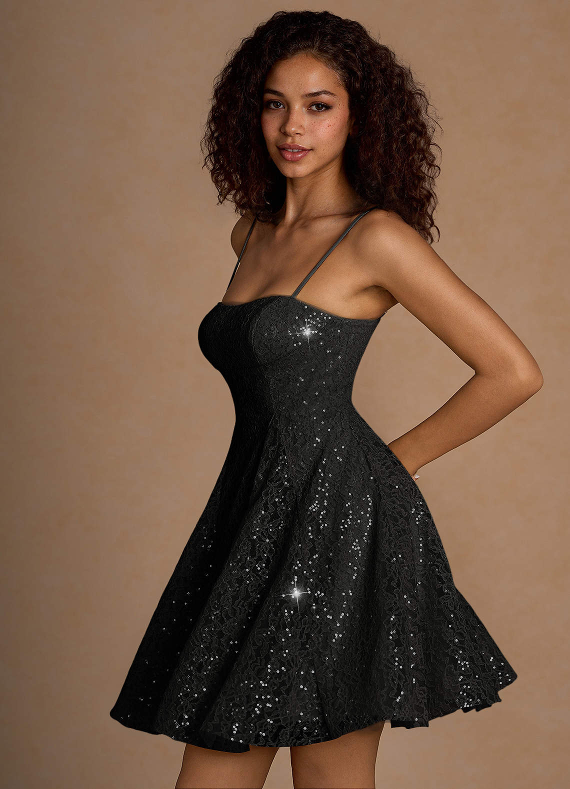 Xenia A-Line Sequin Lace Prom Dress in Black