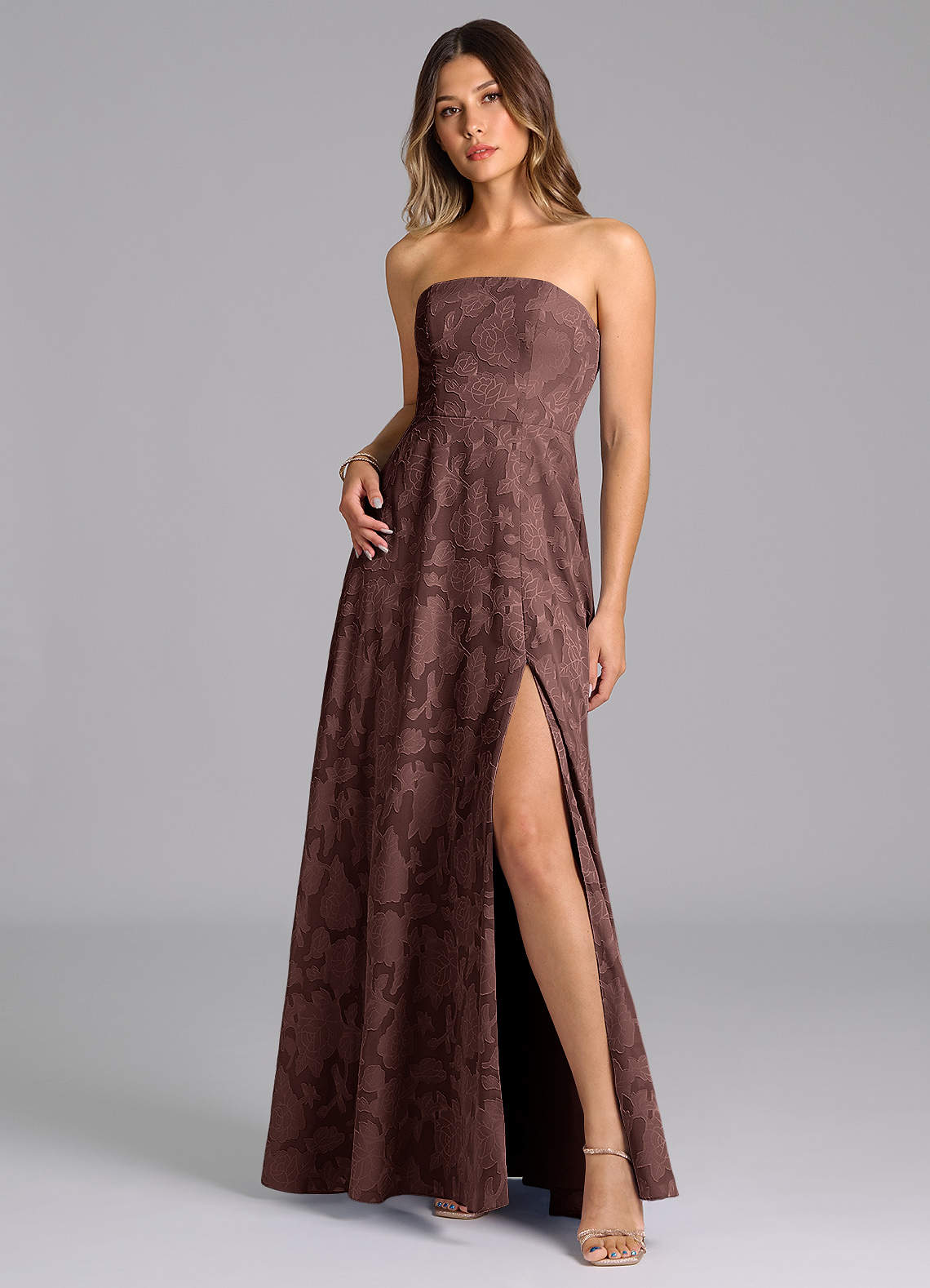 Wren A-Line Strapless Floral Burnout Bridesmaid Dress in Espresso