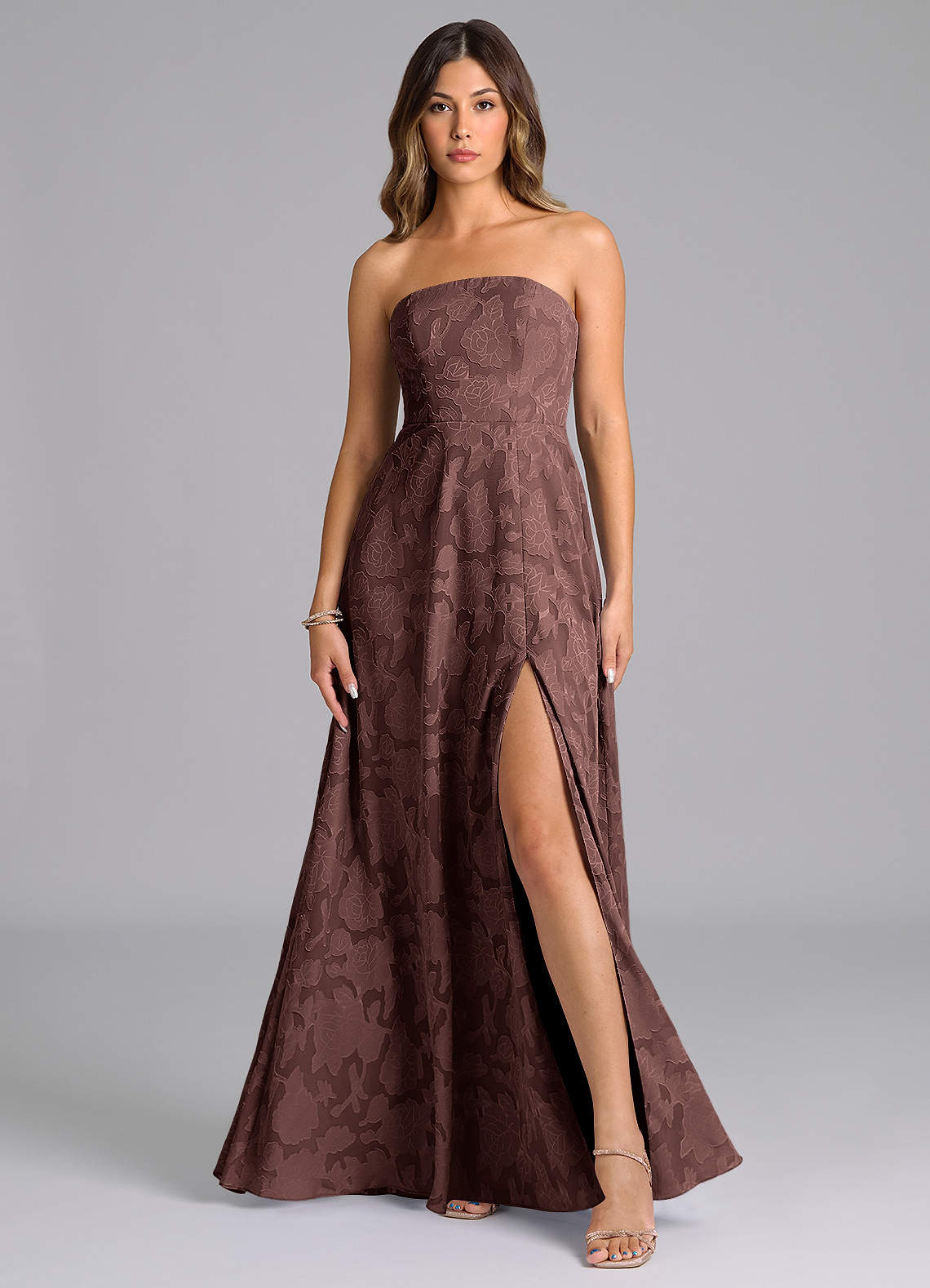 Wren A-Line Strapless Floral Burnout Bridesmaid Dress in Espresso