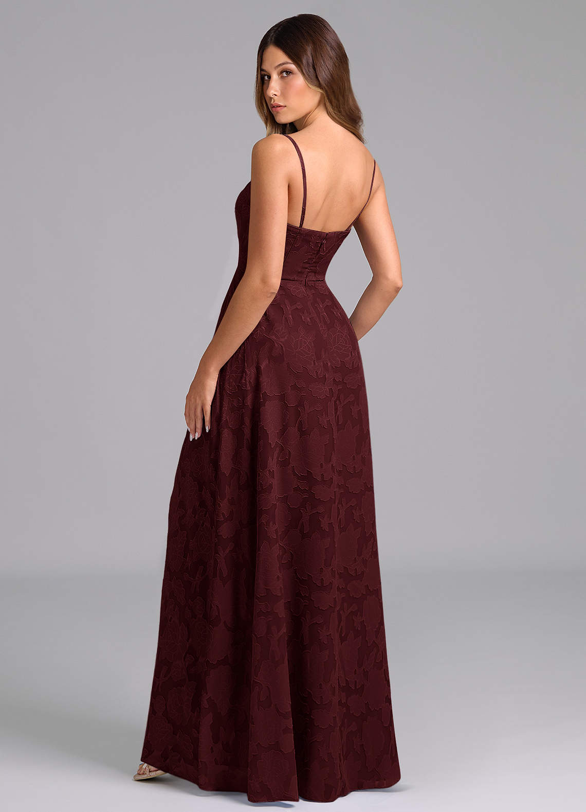 Wren A-Line Strapless Floral Burnout Bridesmaid Dress in Cabernet