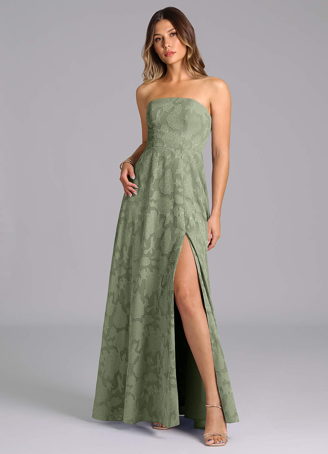 Wren A-Line Strapless Floral Burnout Bridesmaid Dress in Pistachio