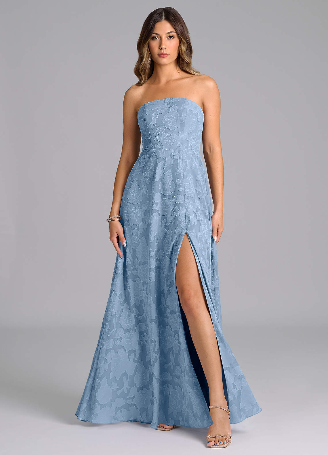 Wren A-Line Strapless Floral Burnout Bridesmaid Dress in Powder Blue
