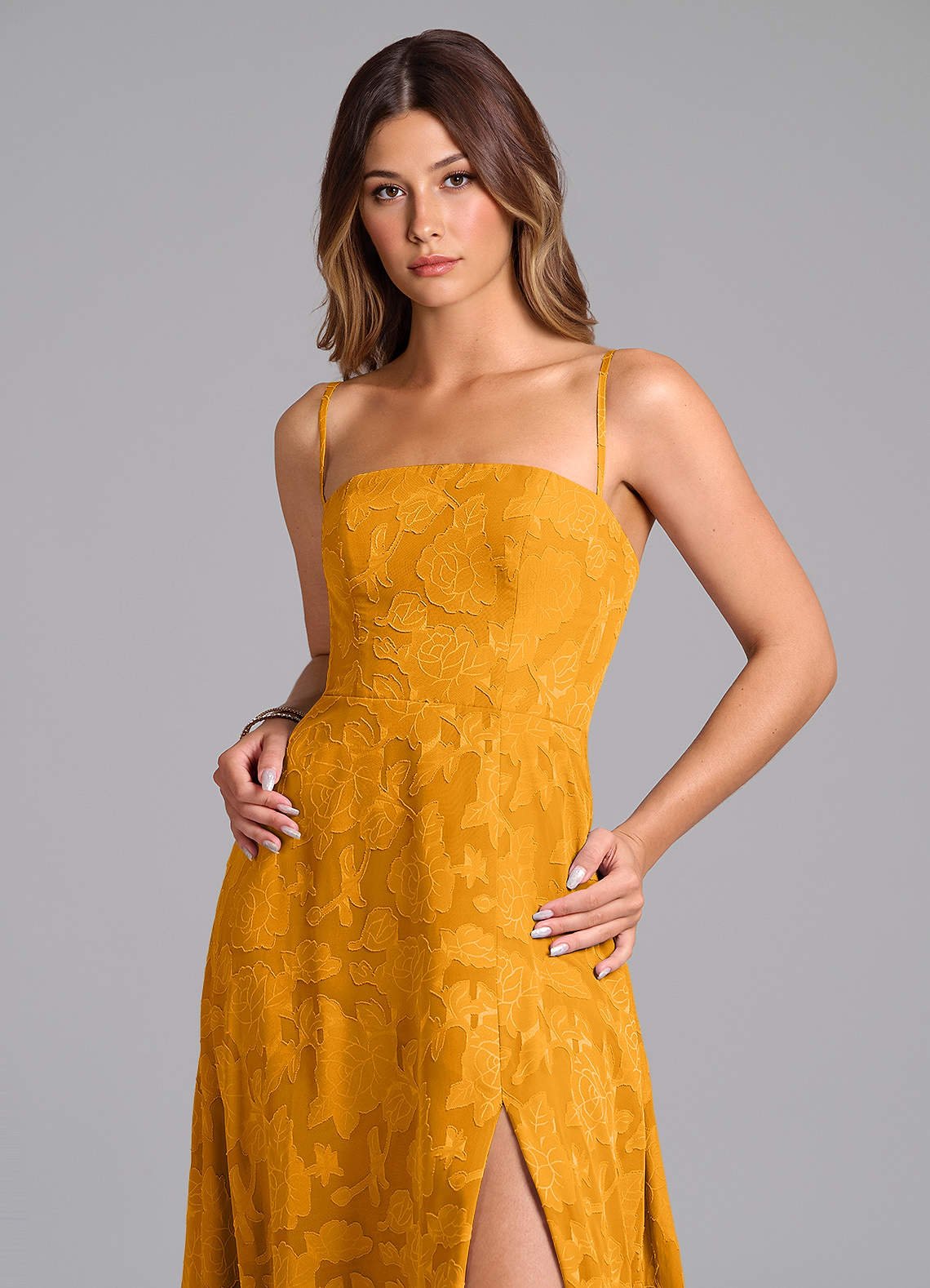 Wren A-Line Strapless Floral Burnout Bridesmaid Dress in butterscotch