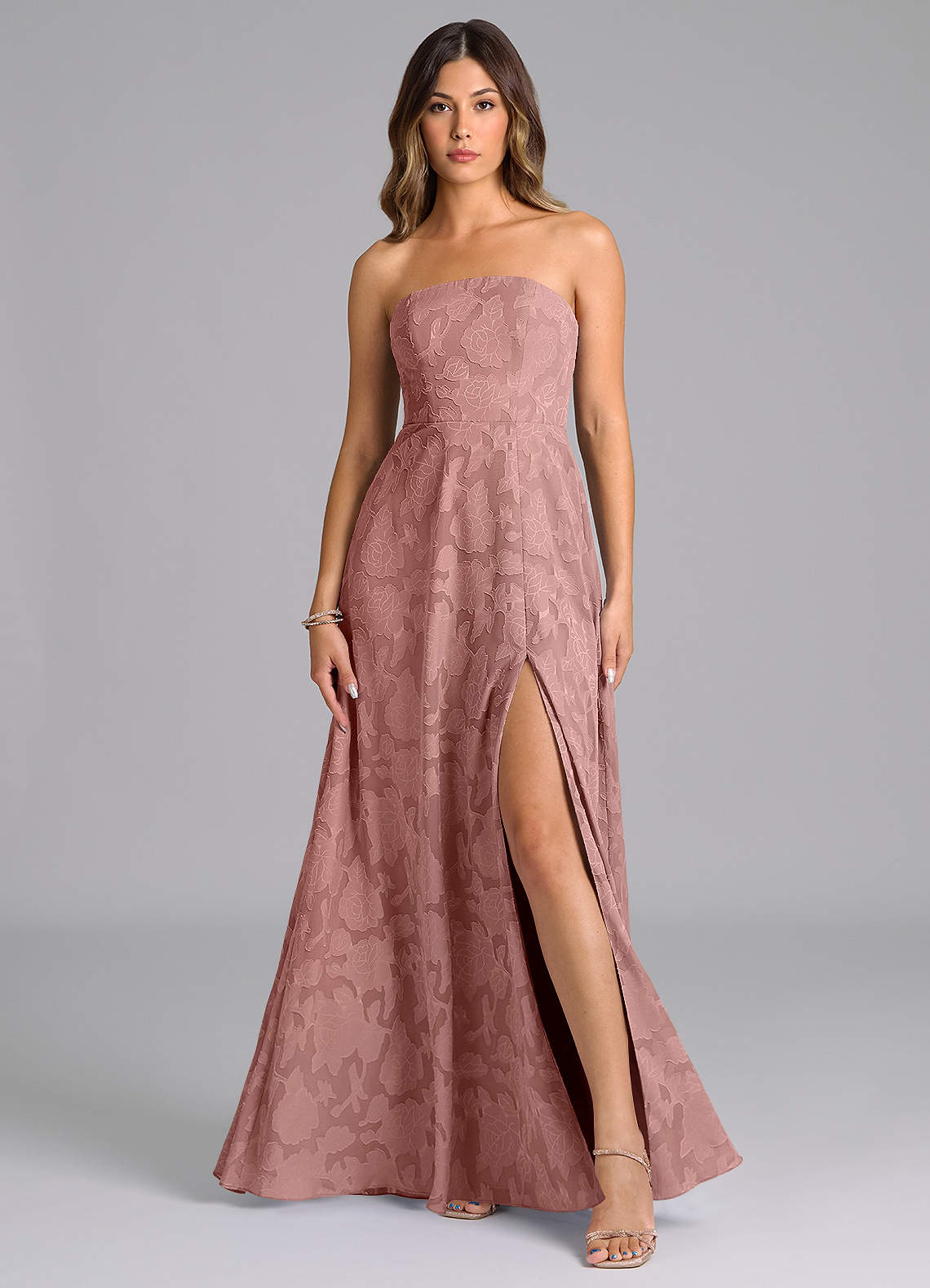 Wren A-Line Strapless Floral Burnout Bridesmaid Dress in dusty rose