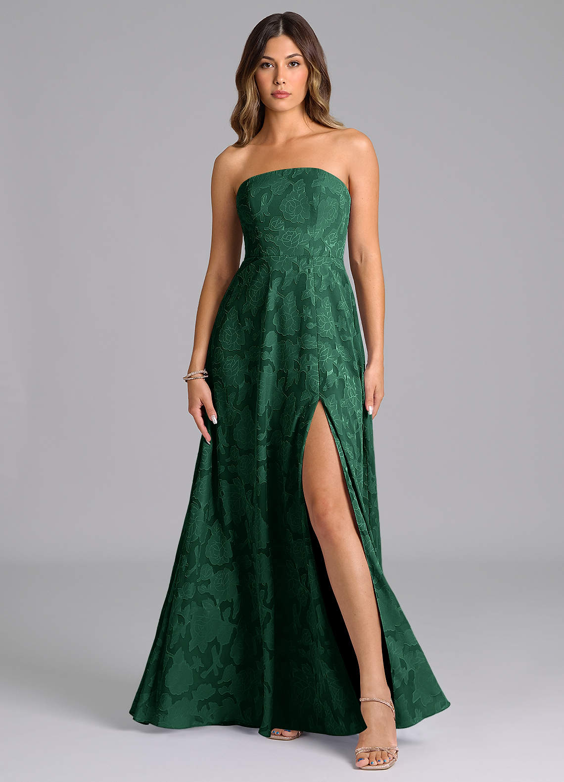Wren A-Line Strapless Floral Burnout Bridesmaid Dress in Dark Green