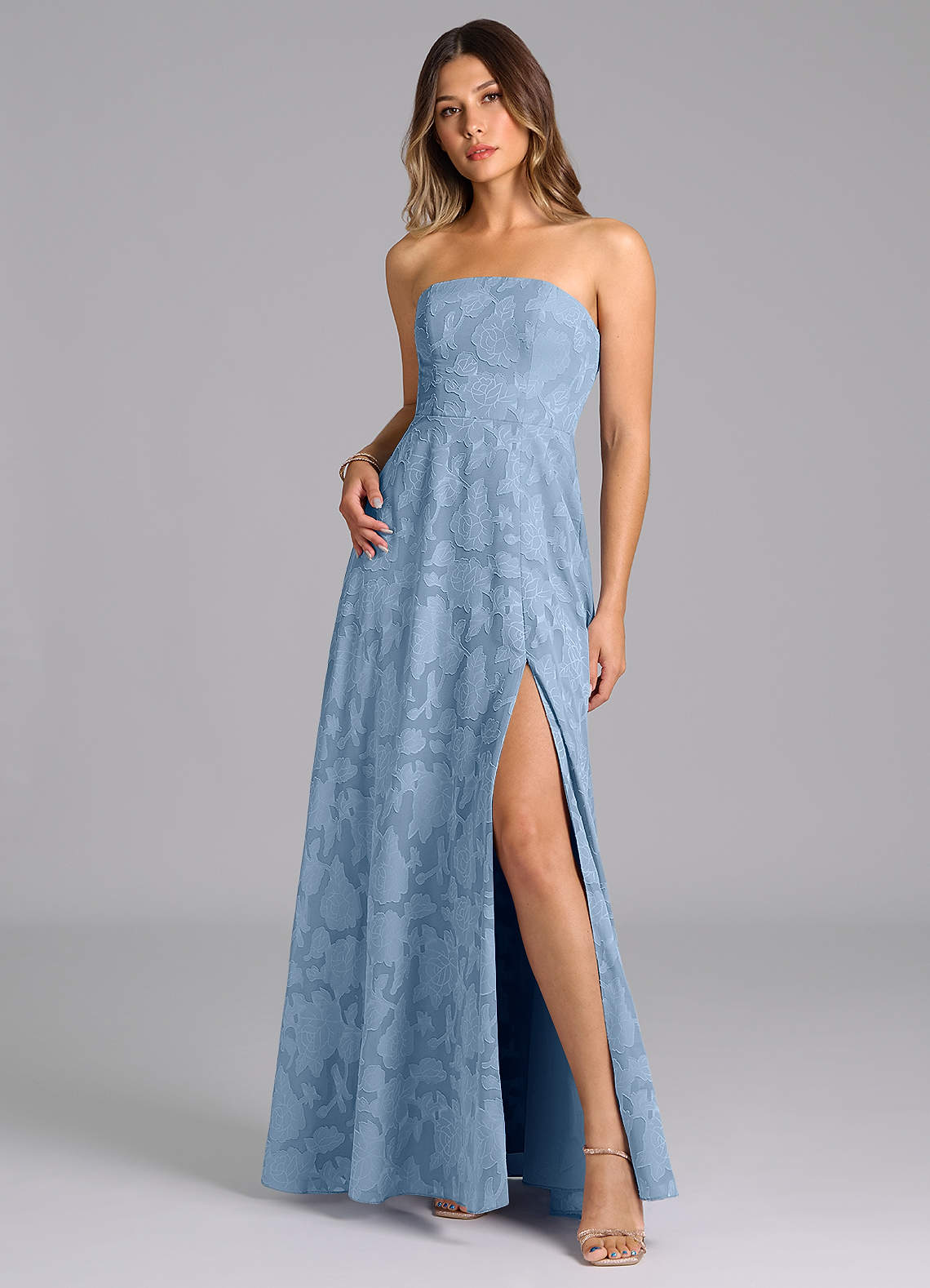 Wren A-Line Strapless Floral Burnout Bridesmaid Dress in Powder Blue