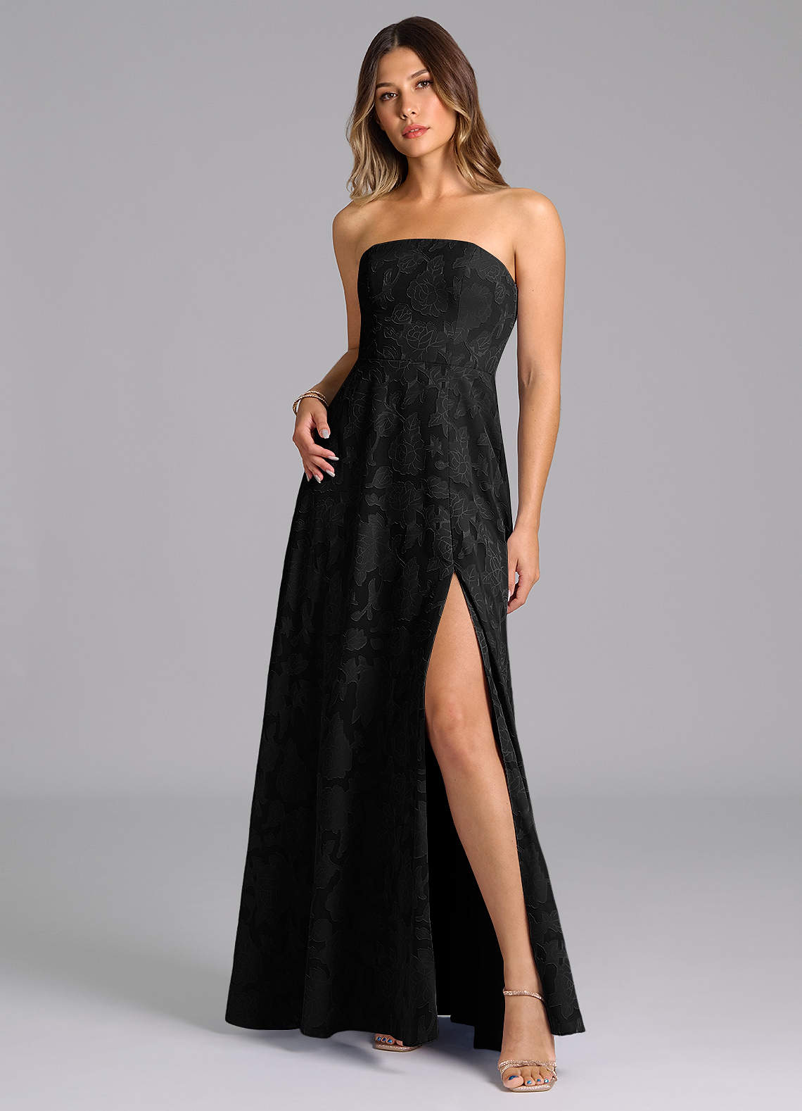 Wren A-Line Strapless Floral Burnout Bridesmaid Dress in black
