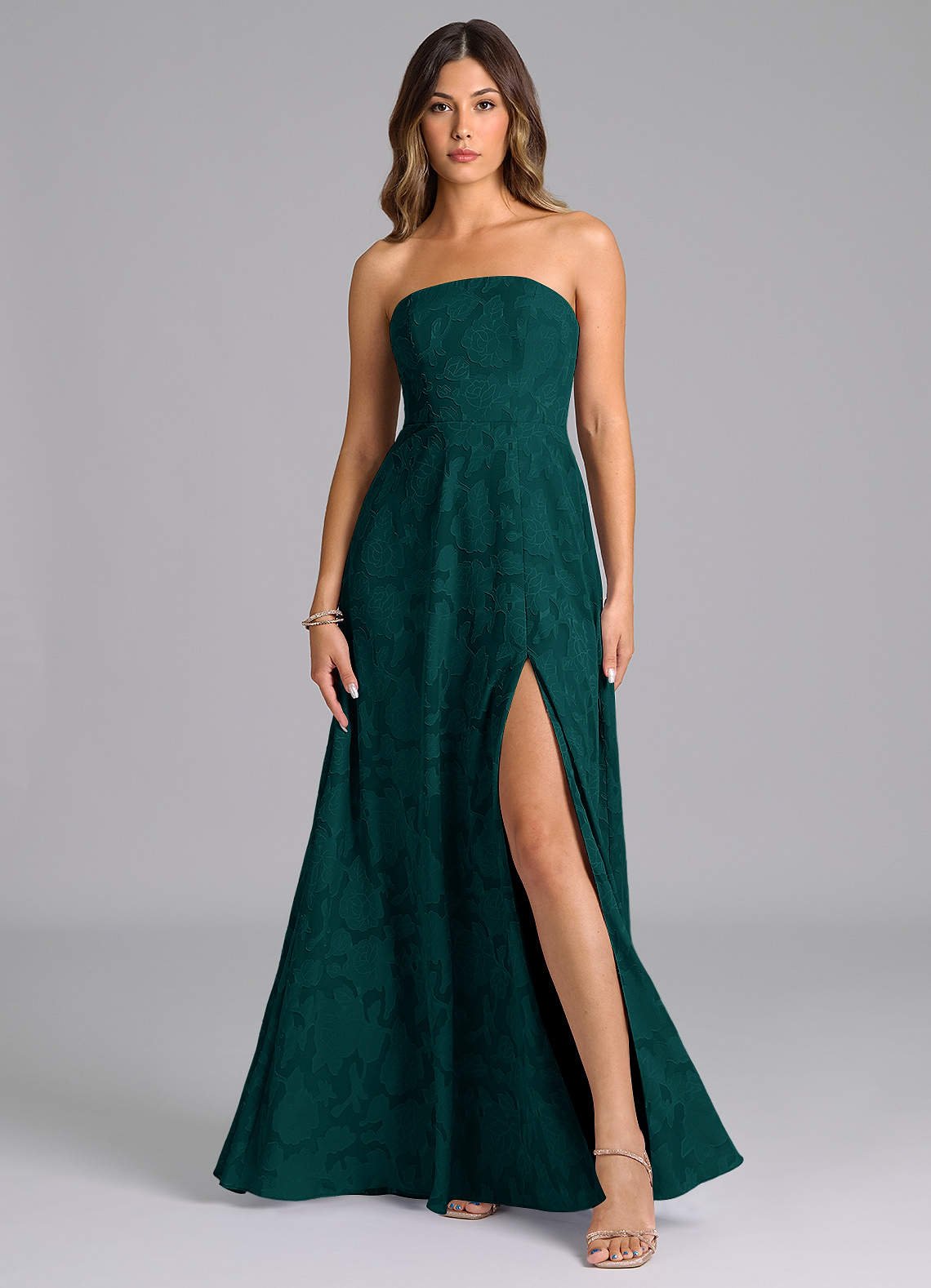 Wren A-Line Strapless Floral Burnout Bridesmaid Dress in Pine