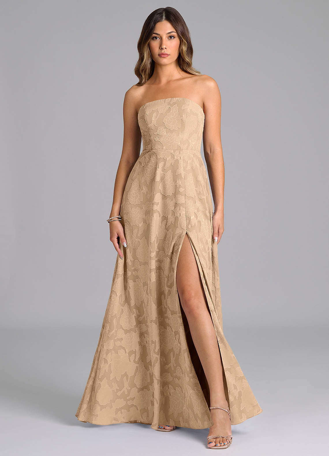 Wren A-Line Strapless Floral Burnout Bridesmaid Dress in Champagne