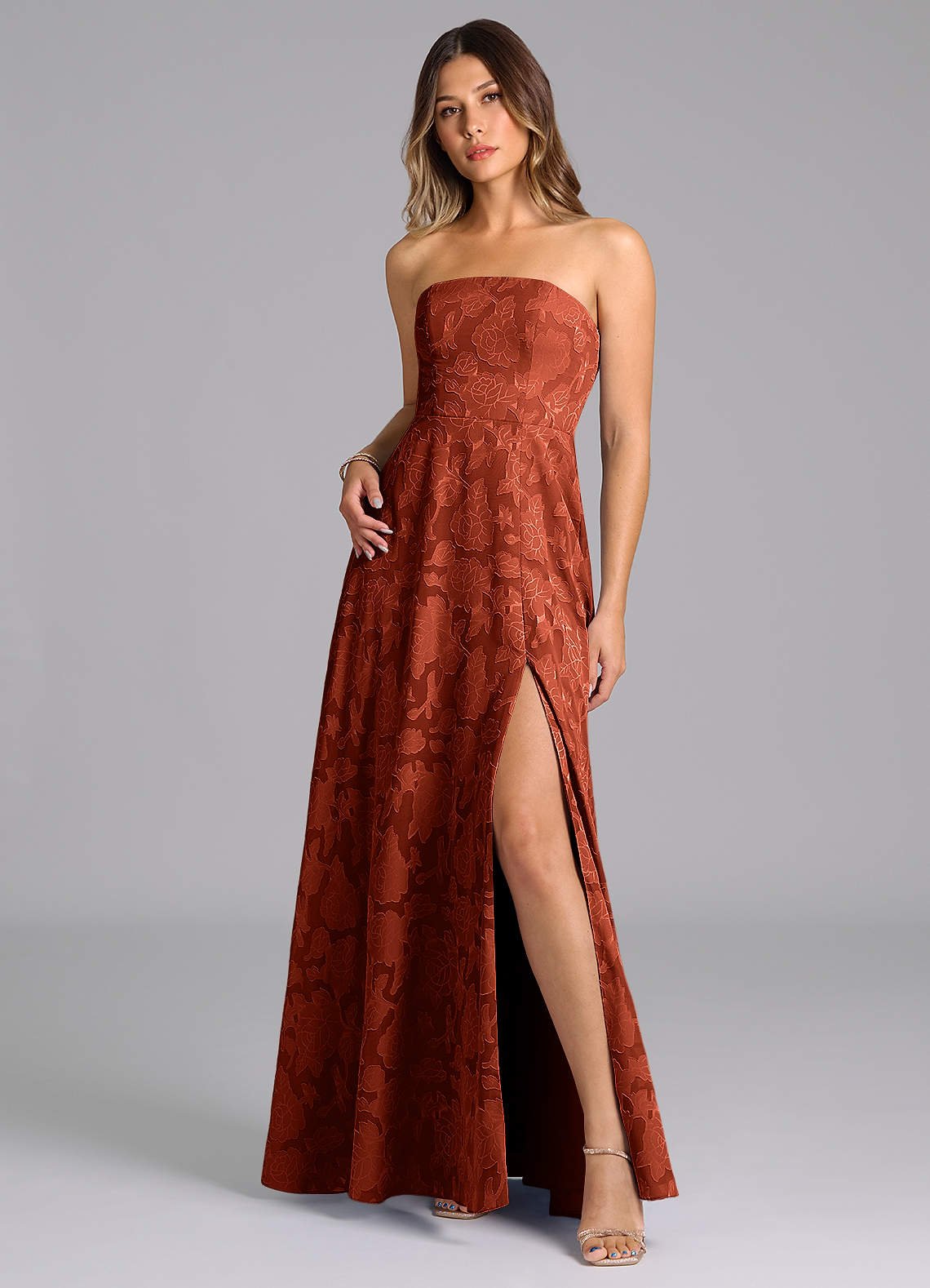 Wren A-Line Strapless Floral Burnout Bridesmaid Dress in Auburn