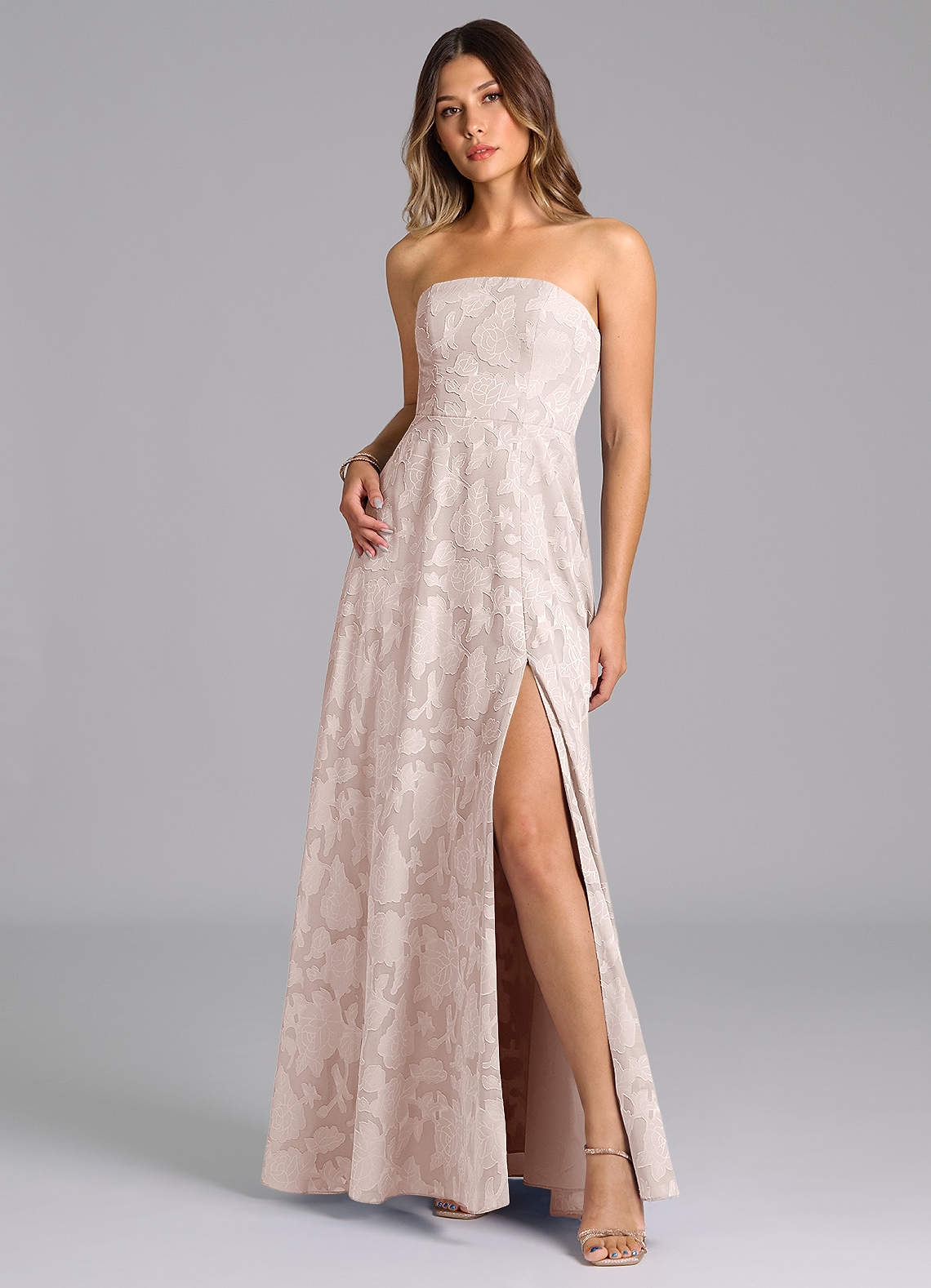 Wren A-Line Strapless Floral Burnout Bridesmaid Dress in Blushing Pink