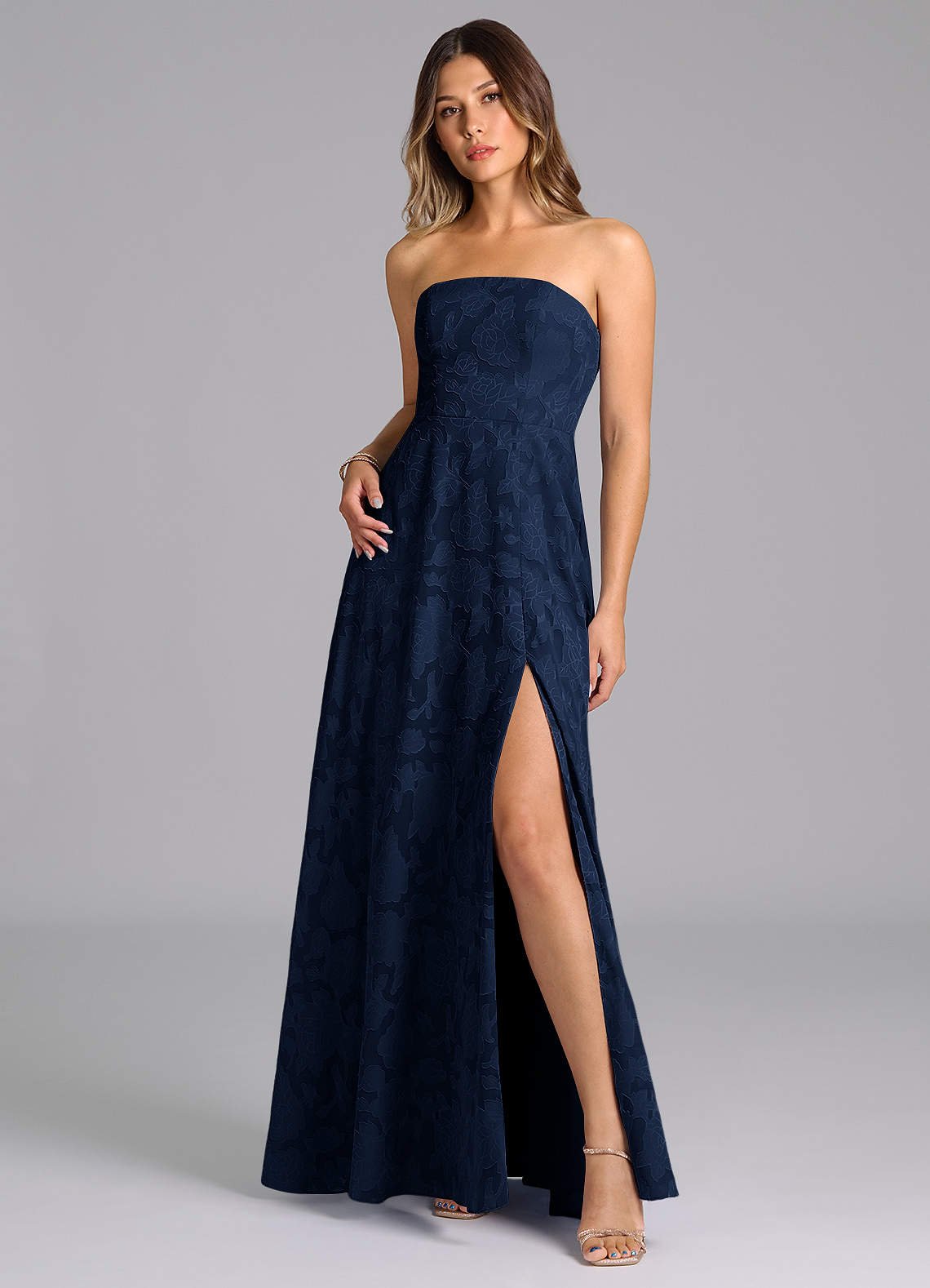 Wren A-Line Strapless Floral Burnout Bridesmaid Dress in Dark Navy