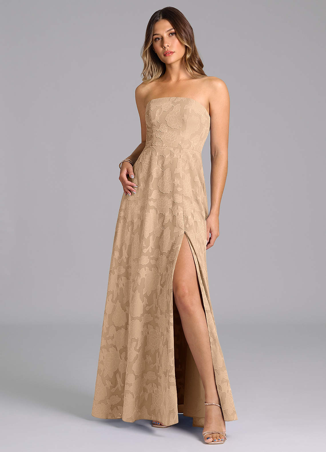 Wren A-Line Strapless Floral Burnout Bridesmaid Dress in Champagne