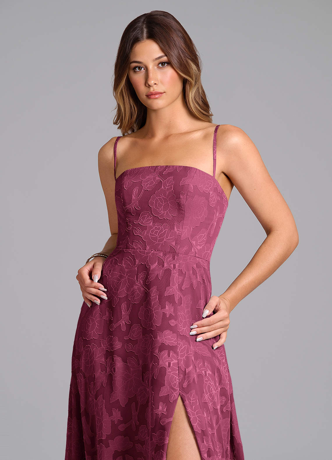 Wren A-Line Strapless Floral Burnout Bridesmaid Dress in Mulberry