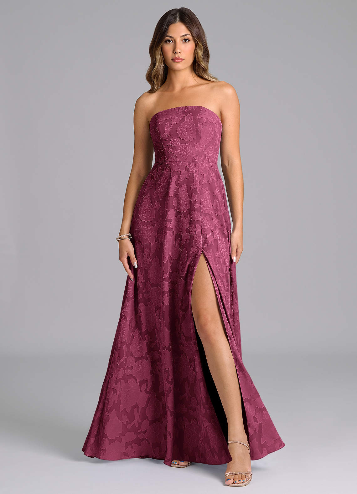 Wren A-Line Strapless Floral Burnout Bridesmaid Dress in Mulberry