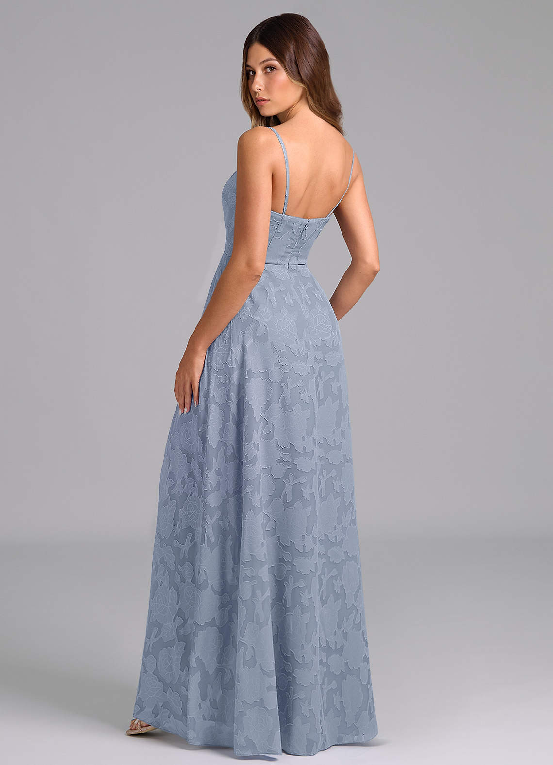 Wren A-Line Strapless Floral Burnout Bridesmaid Dress in dusty blue