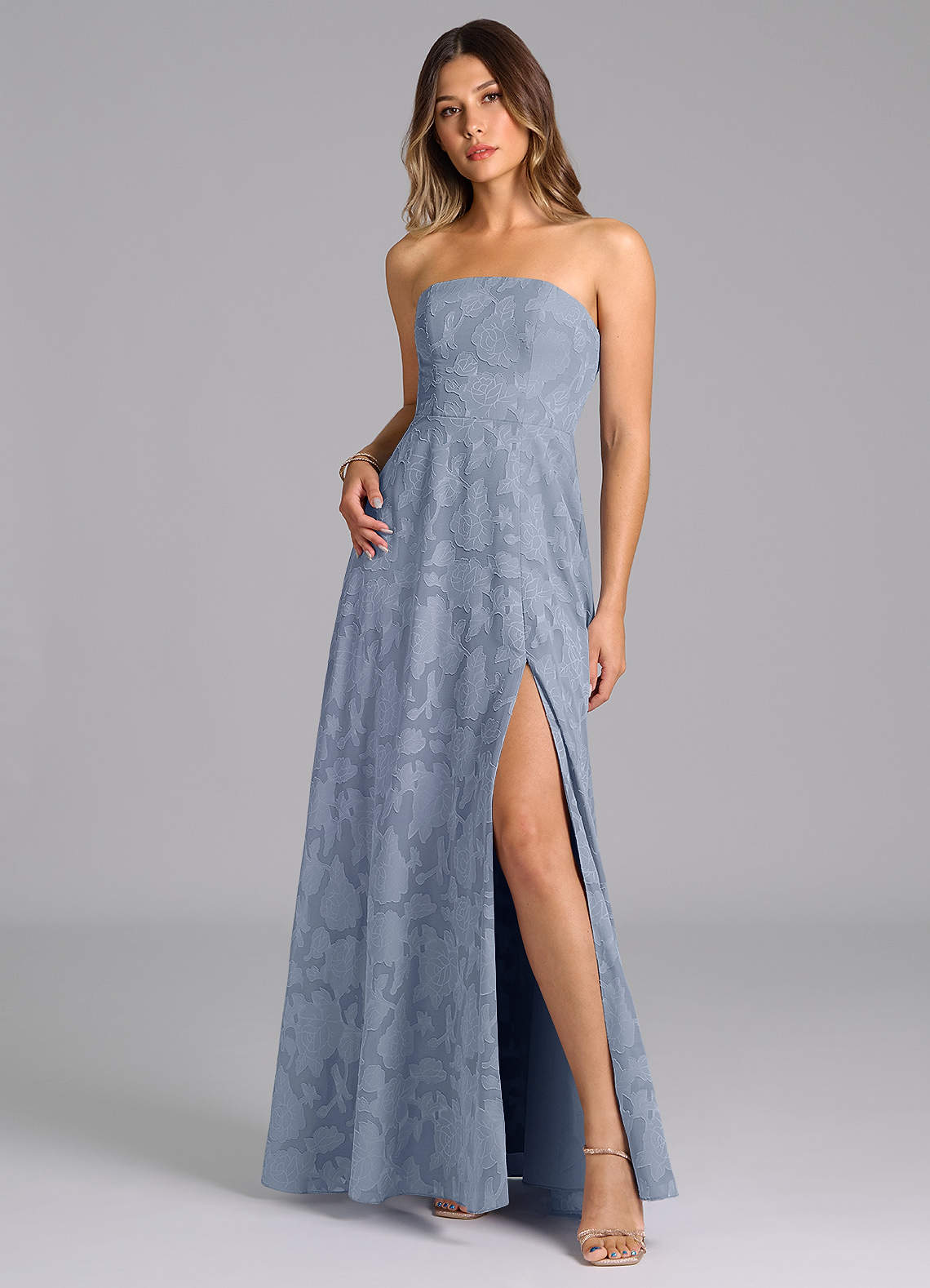 Wren A-Line Strapless Floral Burnout Bridesmaid Dress in dusty blue