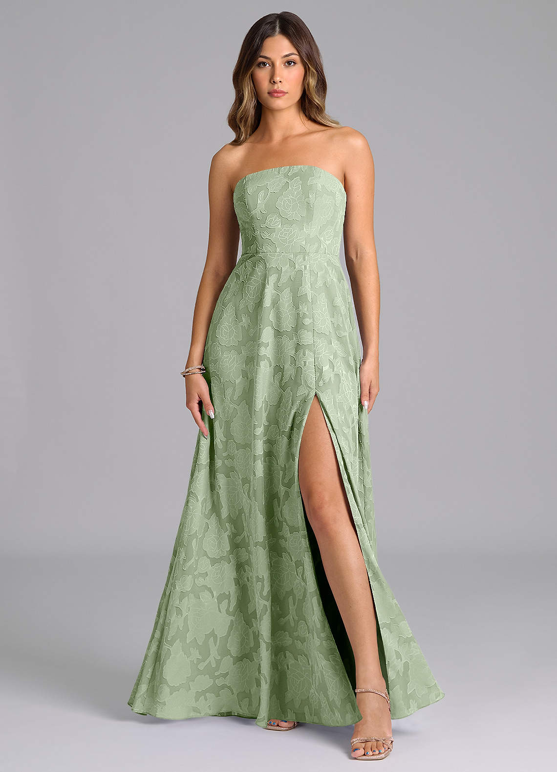 Wren A-Line Strapless Floral Burnout Bridesmaid Dress in Dusty Sage